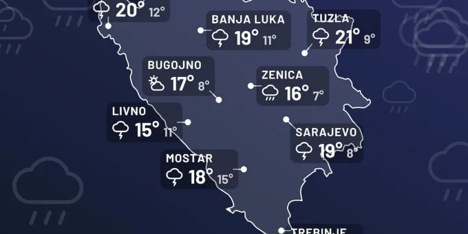 Kiša i pljuskovi pogodili Bosnu i Hercegovinu, najjače padavine u Hercegovini uz jake udare juga