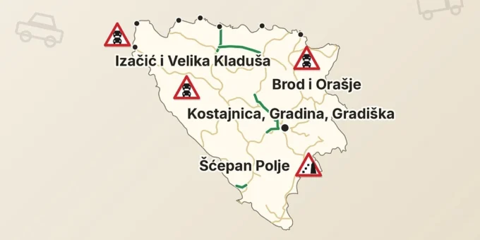 Mokri i klizavi kolovozi uzrokovali duge kolone na osam graničnih prijelaza