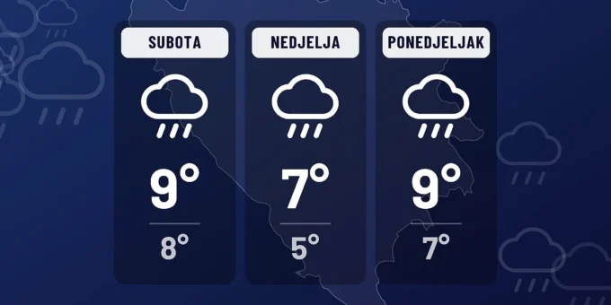 Kiša će padati u Bosni i Hercegovini tokom cijelog vikenda i ponedjeljka, a na vrhovima planina očekuje se snijeg